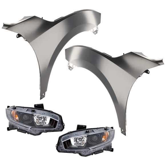4-Piece Kit, Front, Driver and Passenger Side Fender, CAPA Certified, Includes (2) Fender and (2) Headlight