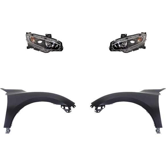4-Piece Kit, Driver and Passenger Side Halogen Headlight, With bulb(s), OE Replacement, Includes (2) Fender and (2) Headlight