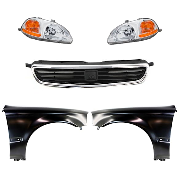 1998 Honda Civic - 5-Piece Kit Driver and Passenger Side Halogen Headlight, Without bulb(s), OE Replacement, Sedan,  Includes (2) Fender, (1) Grille Assembly, and (2) Headlight