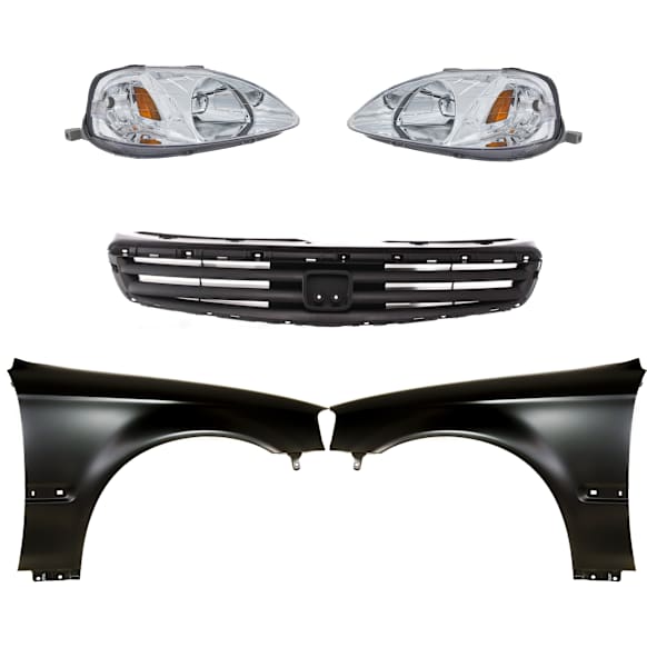5-Piece Kit Driver and Passenger Side Halogen Headlight, Without bulb(s), OE Replacement, Includes (2) Fender, (1) Grille Assembly and (2) Headlight