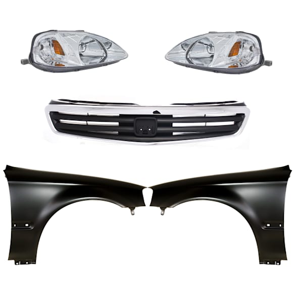 5-Piece Kit Driver and Passenger Side Halogen Headlight, Without bulb(s), OE Replacement, Includes (2) Fender, (1) Grille Assembly and (2) Headlight