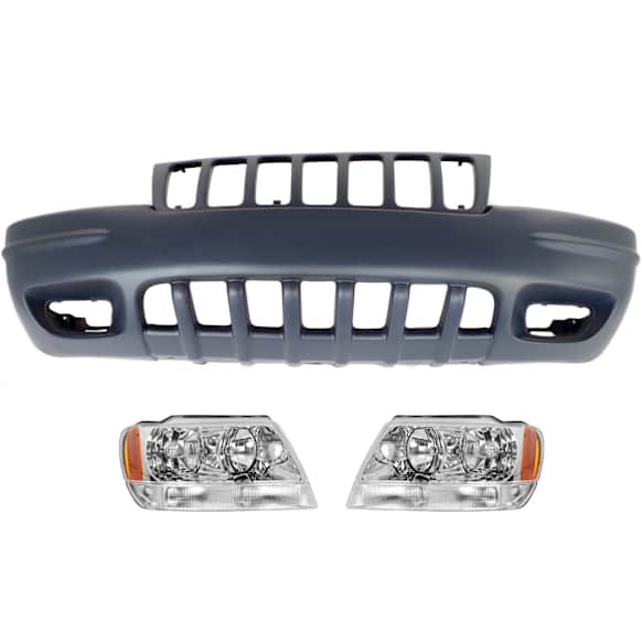 2000 Jeep Grand Cherokee - 3-Piece Kit Driver and Passenger Side Halogen Headlight, With bulb(s), OE Replacement, Sport Utility, Includes (2) Headlight and (1) Bumper Cover