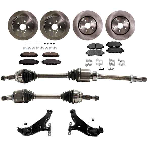 2013 Toyota Highlander - 10-Piece Kit Front, Driver and Passenger Side Axle Assembly, Front Wheel Drive, FWD, 3.5L 6Cyl Includes (4) Brake Disc, (2) Brake Pad Set, (2) Control Arm and (2) Axle Assembly