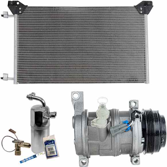 2005 GMC Sierra 1500 HD - 3-Piece Kit A/C Compressor Kit, 6.0L 8Cyl, O-Ring Seal Kit 1321272, Front Exp Valve 3411249, Acum/Drier 1411647, 2-Bolt to mount the Hoses, With Clutch, 4-Groove Pulley, Includes (1) A/C Compressor, (1) A/C Condenser and (1) A/C Service Kit