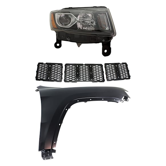 3-Piece Kit Passenger Side Halogen Headlight, Includes (1) Fender, (1) Grille Assembly, and (1) Headlight