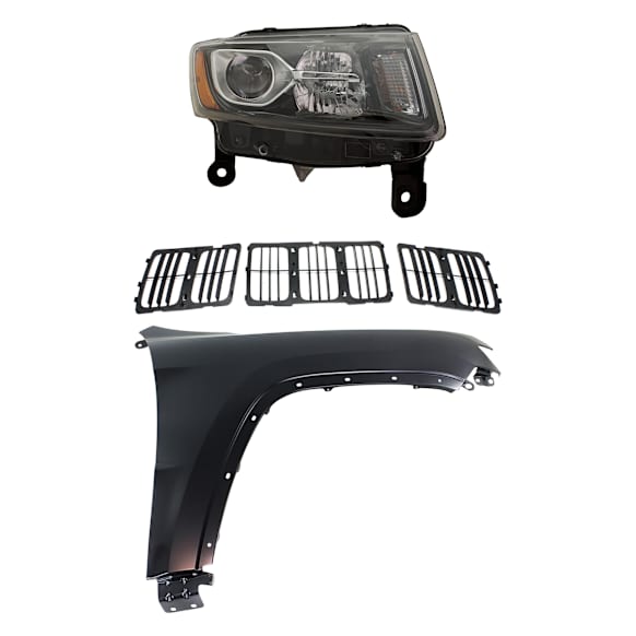3-Piece Kit Passenger Side Halogen Headlight, Includes (1) Fender, (1) Grille Assembly, and (1) Headlight