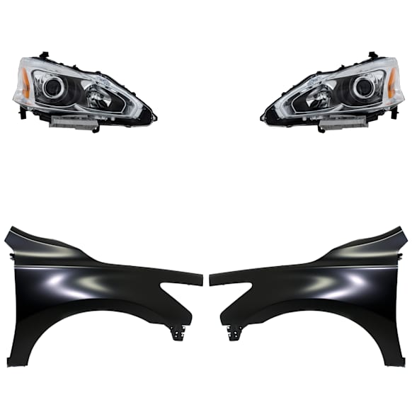 4-Piece Kit Driver and Passenger Side Halogen Headlight, With bulb(s), Sedan, OE Replacement, CAPA Certified, Includes (2) Fender and (2) Headlight