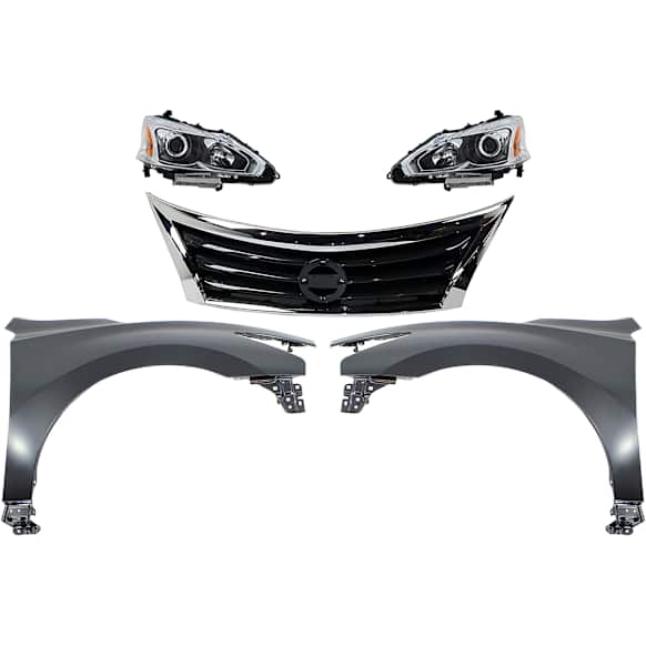 5-Piece Kit Driver and Passenger Side Halogen Headlight, Sedan, Includes (2) Fender, (1) Grille Assembly, and (2) Headlight, CAPA Certified