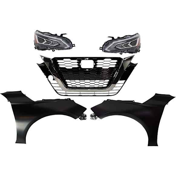 2019 Nissan Altima - 5-Piece Kit Driver and Passenger Side LED Headlight, With bulb(s), Type 2, OE Replacement,  Includes (2) Fender, (1) Grille Assembly, and (2) Headlight