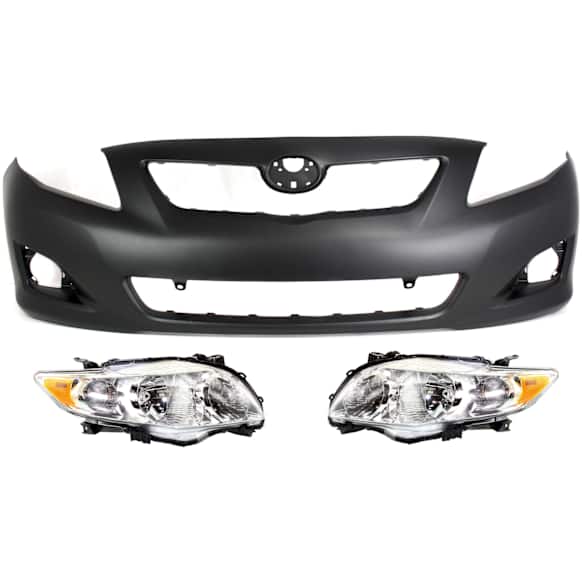 2009 Toyota Corolla - 3-Piece Kit Front Primed Bumper Cover, For Models Without Spoiler Holes, Japan Built Vehicle, CAPA Certified Includes (1) Bumper Cover and (2) Headlight