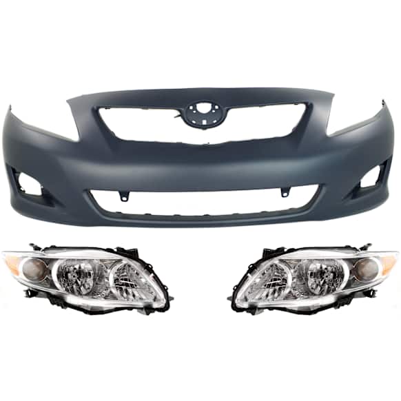 2009-2010 Toyota Corolla - 3-Piece Kit, Front Primed Bumper Cover, Includes (1) Bumper Cover and (2) Headlight