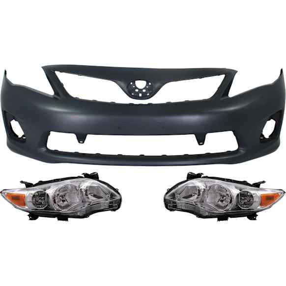 3-Piece Kit Driver and Passenger Side Halogen Headlight, Without bulb(s), Japan Built Vehicle, OE Replacement, Includes (1) Bumper Cover and (2) Headlight