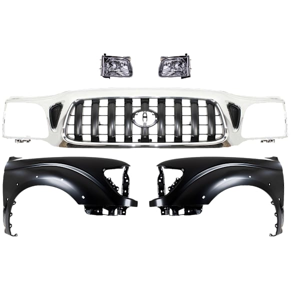 5-Piece Kit, Grille Chrome Shell with Painted Dark Gray Insert, Includes (2) Fender, (1) Grille, and (2) Headlight