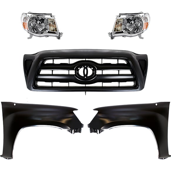 5-Piece Kit Driver and Passenger Side Halogen Headlight, Includes (2) Fender, (1) Grille Assembly, and (2) Headlight