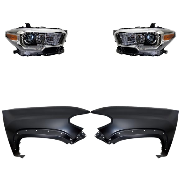 4-Piece Kit, Driver and Passenger Side Halogen Headlight, With bulb(s), For Models With Wheel Opening Mouldings, OE Replacement, CAPA Certified, Includes (2) Fender and (2) Headlight