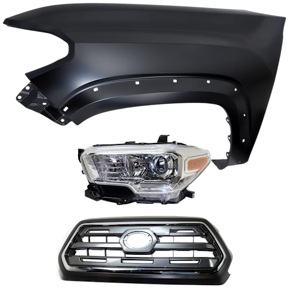 3-Piece Kit Driver Side Halogen Headlight, For Models With Wheel Opening Mouldings, Includes (1) Fender, (1) Grille Assembly, and (1) Headlight, CAPA Certified