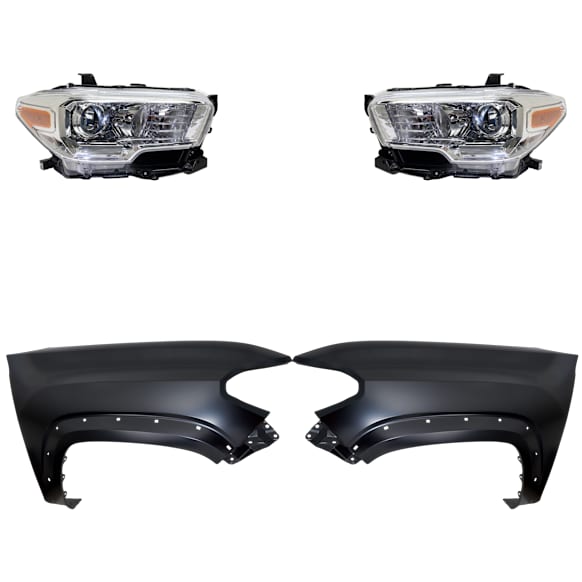 4-Piece Kit Driver and Passenger Side Halogen Headlight, With bulb(s), For Models With Wheel Opening Mouldings, OE Replacement, CAPA Certified, Includes (2) Fender and (2) Headlight