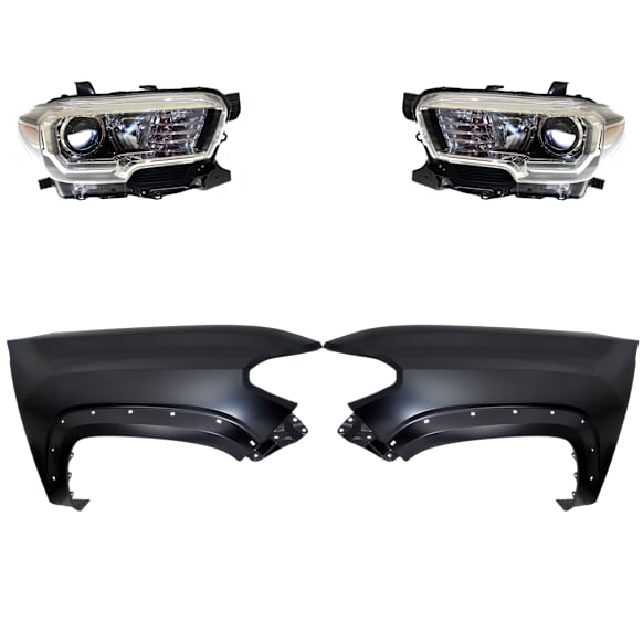 4-Piece Kit Driver and Passenger Side Halogen Headlight, With bulb(s), For Models With LED Daytime Running Lights and Halogen Fog Lights, CAPA Certified, Includes (2) Fender and (2) Headlight