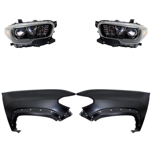 4-Piece Kit Driver and Passenger Side Halogen Headlight, With bulb(s), For Models With LED Daytime Running Lights and LED Fog Lights, CAPA Certified, Includes (2) Fender and (2) Headlight