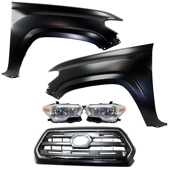 5-Piece Kit Driver and Passenger Side Halogen Headlight, Includes (2) Fender, (1) Grille Assembly, and (2) Headlight, CAPA Certified