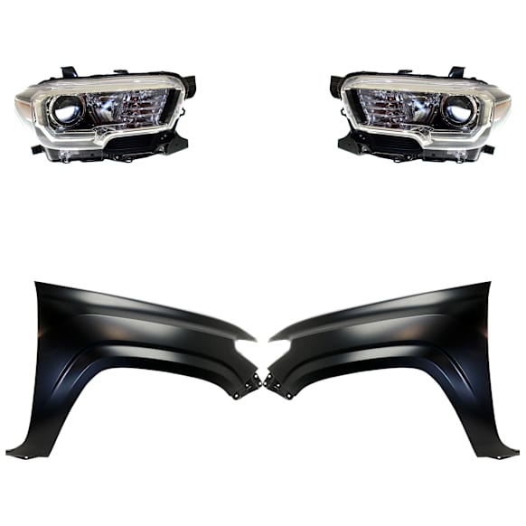 4-Piece Kit Driver and Passenger Side Halogen Headlight, With bulb(s), For Models With LED Daytime Running Lights and Halogen Fog Lights, CAPA Certified, Includes (2) Fender and (2) Headlight