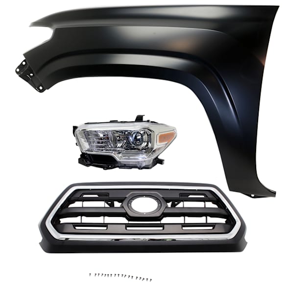 3-Piece Kit Driver Side Halogen Headlight, With bulb(s), OE Replacement,, CAPA Certified, Includes (1) Fender, (1) Grille Assembly and (1) Headlight