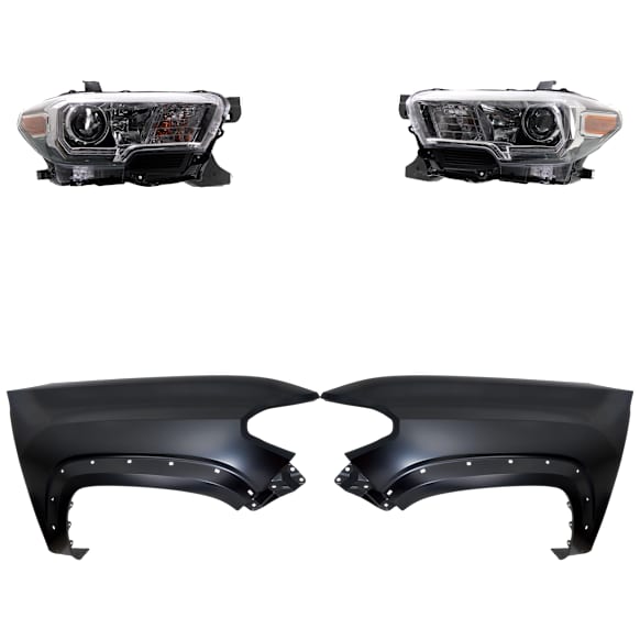 4-Piece Kit Driver and Passenger Side Halogen Headlight, With bulb(s), For Models With LED Daytime Running Lights and Halogen Fog Lights, OE Replacement, Includes (2) Fender and (2) Headlight