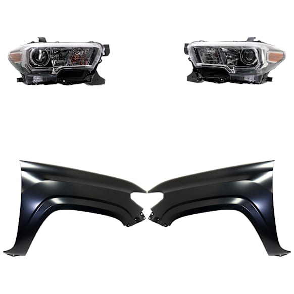 4-Piece Kit Driver and Passenger Side Halogen Headlight, With bulb(s), For Models With LED Daytime Running Lights and Halogen Fog Lights, OE Replacement, Includes (2) Fender and (2) Headlight