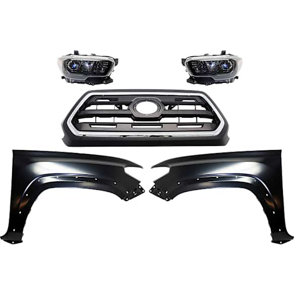 5-Piece Kit Driver and Passenger Side Halogen Headlight, For Models With LED Daytime Running Lights and LED Fog Lights, Includes (2) Fender, (1) Grille Assembly, and (2) Headlight