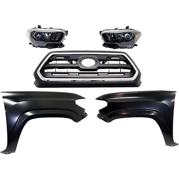 5-Piece Kit Driver and Passenger Side Halogen Headlight, For Models With LED Daytime Running Lights and LED Fog Lights, Includes (2) Fender, (1) Grille Assembly, and (2) Headlight