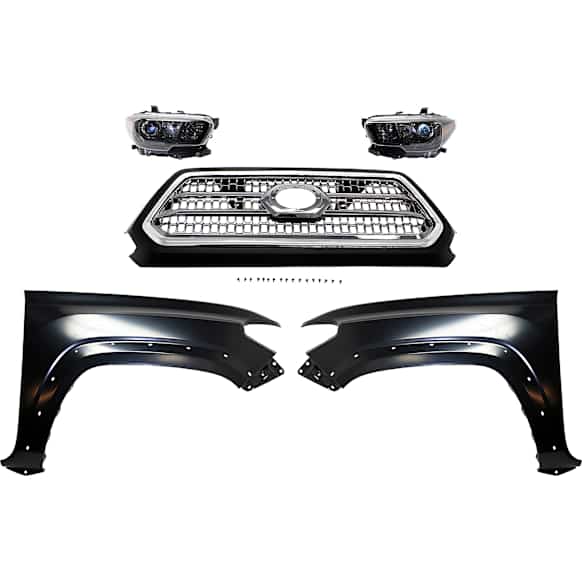 5-Piece Kit Driver and Passenger Side Halogen Headlight, For Models With LED Daytime Running Lights and LED Fog Lights, Includes (2) Fender, (1) Grille Assembly, and (2) Headlight