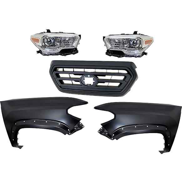 5-Piece Kit Driver and Passenger Side Halogen Headlight, Includes (2) Fender, (1) Grille Assembly, and (2) Headlight, CAPA Certified