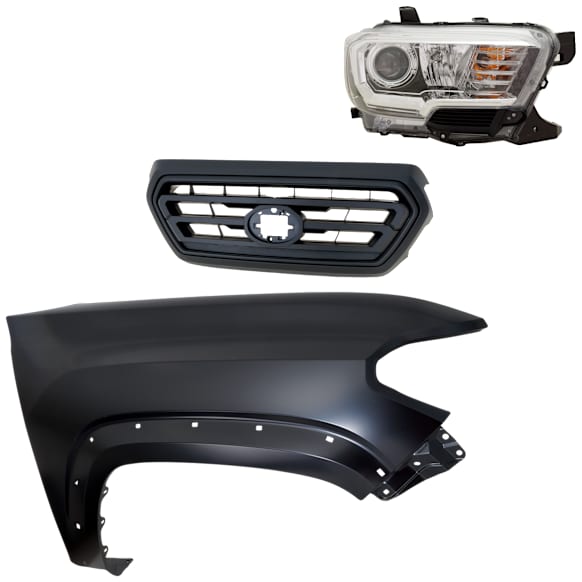 3-Piece Kit Passenger Side Halogen Headlight, Includes (1) Fender, (1) Grille Assembly, and (1) Headlight, CAPA Certified