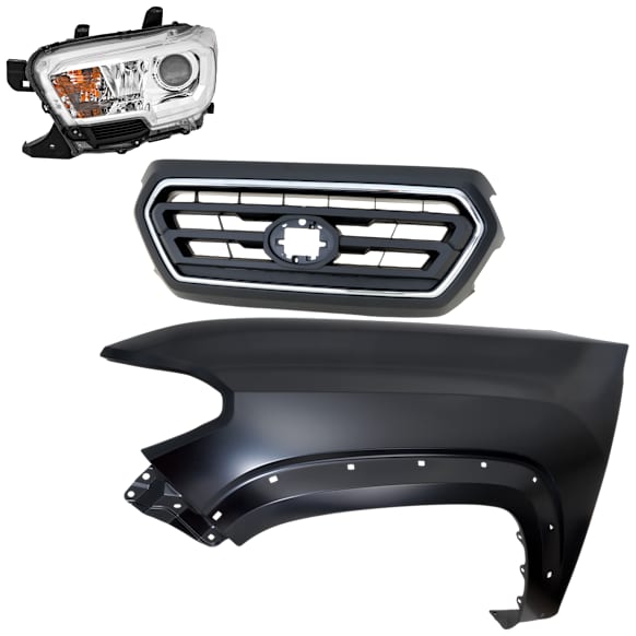 3-Piece Kit Driver Side Halogen Headlight, For Models Without LED Daytime Running Lights and Fog Lights, Includes (1) Fender, (1) Grille Assembly, and (1) Headlight