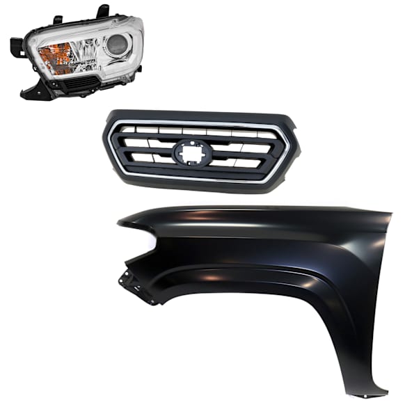 3-Piece Kit Driver Side Halogen Headlight, For Models Without LED Daytime Running Lights and Fog Lights, Includes (1) Fender, (1) Grille Assembly, and (1) Headlight