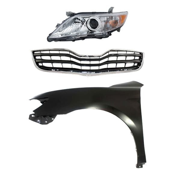 3-Piece Kit Driver Side Halogen Headlight, Without bulb(s), Japan Built Vehicle, Includes (1) Fender, (1) Grille Assembly, and (1) Headlight