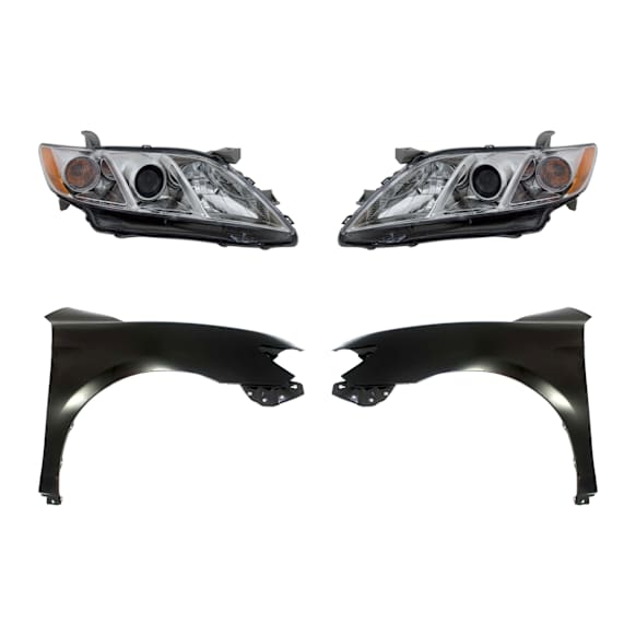 2007 Toyota Camry - 4-Piece Kit Driver and Passenger Side Halogen Headlight, With bulb(s), USA Built Vehicle, OE Replacement,  Includes (2) Fender and (2) Headlight