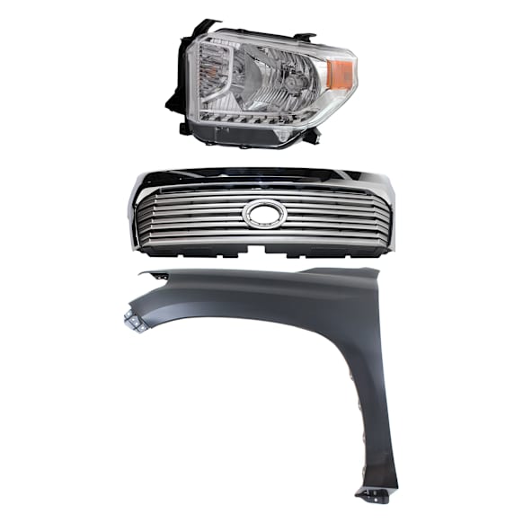 3-Piece Kit, Grille Painted Silver Shell with Gray Insert, For Models With Front Emblem, CAPA Certified, Includes (1) Fender, (1) Grille, and (1) Headlight