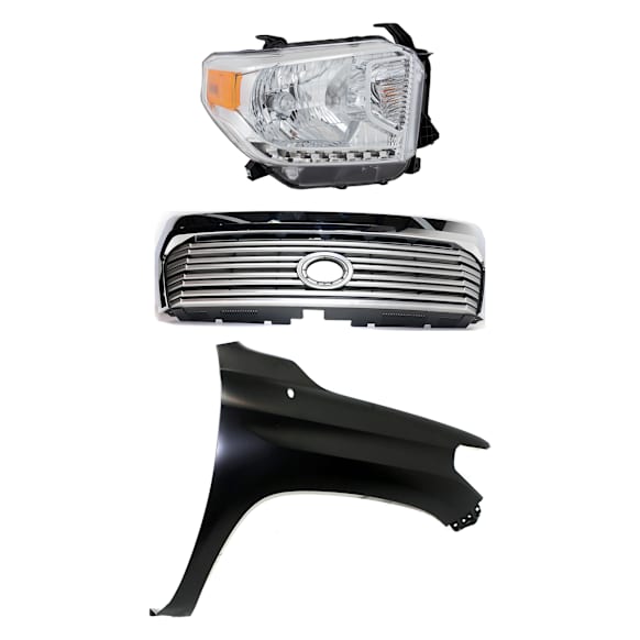 3-Piece Kit, Grille Painted Silver Shell with Gray Insert, For Models With Front Emblem, Includes (1) Fender, (1) Grille, and (1) Headlight