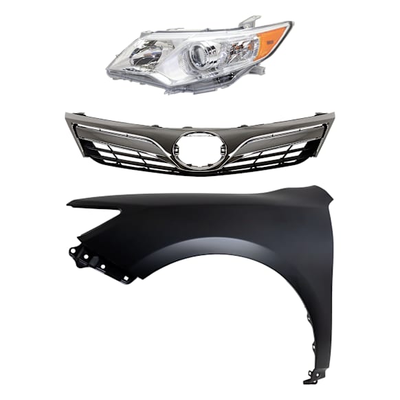 3-Piece Kit Driver Side Halogen Headlight, LE/XLE Models, Without Signal Light Hole, Includes (1) Fender, (1) Grille Assembly, and (1) Headlight, CAPA Certified