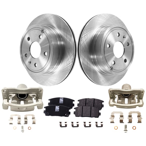 2-Wheel Set Rear Brake Kit With Calipers, Plain Surface 5 Lugs 303.02 mm Ceramic, Includes (2) Brake Caliper, (2) Brake Disc and (1) Brake Pad Set