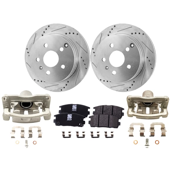 2-Wheel Set Rear Brake Kit With Calipers, Cross-drilled and Slotted 5 Lugs 303.02 mm Ceramic, Includes (2) Brake Caliper, (1) Brake Pad Set and (2) Brake Disc