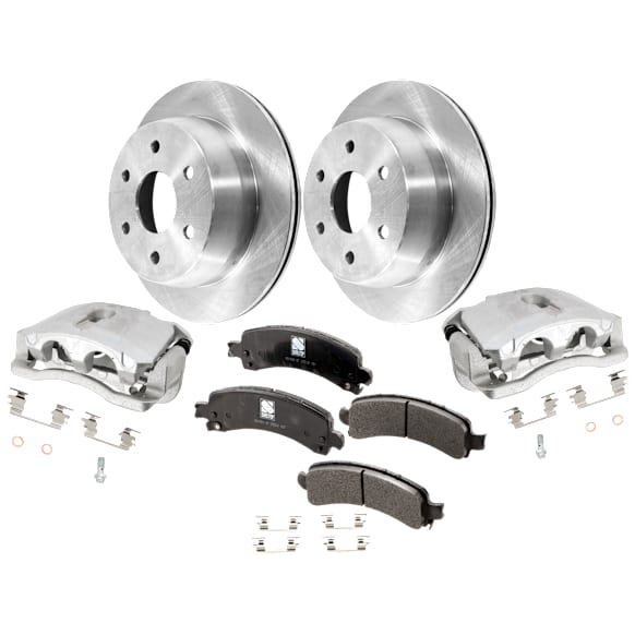2-Wheel Set Rear Brake Kit With Calipers, Plain Surface 6 Lugs 325.12 mm Semi-metallic RWD, Includes (2) Brake Caliper, (1) Brake Pad Set and (2) Brake Disc