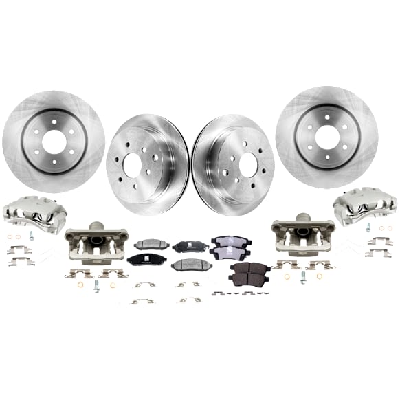 4-Wheel Set Front and Rear Brake Kit With Calipers, Plain Surface 6 Lugs Front-295.91 mm/Rear-286 mm Ceramic, Includes (4) Brake Caliper, (2) Brake Pad Set and (4) Brake Disc