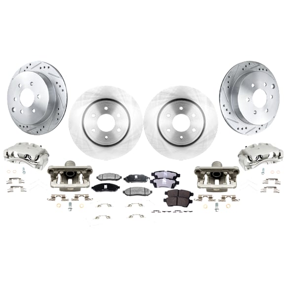 4-Wheel Set Front and Rear Brake Kit With Calipers, Front-Plain Surface/Rear-Cross-drilled and Slotted 6 Lugs Front-295.91 mm/Rear-286 mm Ceramic, Includes (4) Caliper, (4) Disc and (2) Pad Set
