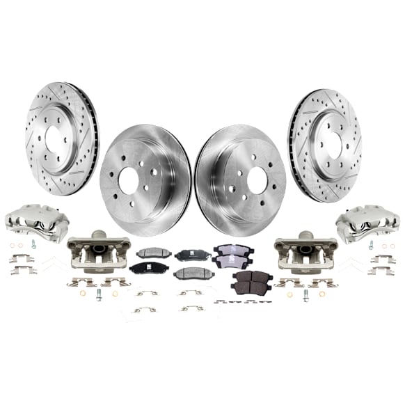 4-Wheel Set Front and Rear Brake Kit With Calipers, Front-Cross-drilled and Slotted/Rear-Plain Surface 6 Lugs Front-296 mm/Rear-286 mm Ceramic, Includes (4) Caliper, (4) Disc and (2) Pad Set