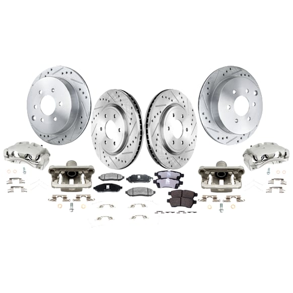 4-Wheel Set Front and Rear Brake Kit With Calipers, Cross-drilled and Slotted 6 Lugs Front-296 mm/Rear-286 mm Ceramic, Includes (4) Brake Caliper, (4) Brake Disc and (2) Brake Pad Set