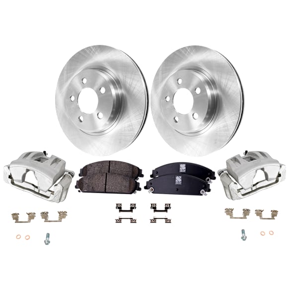 2-Wheel Set Front Brake Kit With Calipers, Plain Surface 5 Lugs 320.04 mm Ceramic RWD, Includes (2) Brake Caliper, (2) Brake Disc and (1) Brake Pad Set