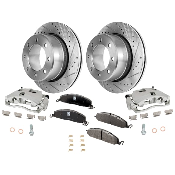 2-Wheel Set Rear Brake Kit With Calipers, Cross-drilled and Slotted 8 Lugs 358 mm Semi-metallic, Includes (2) Brake Caliper, (2) Brake Disc and (1) Brake Pad Set