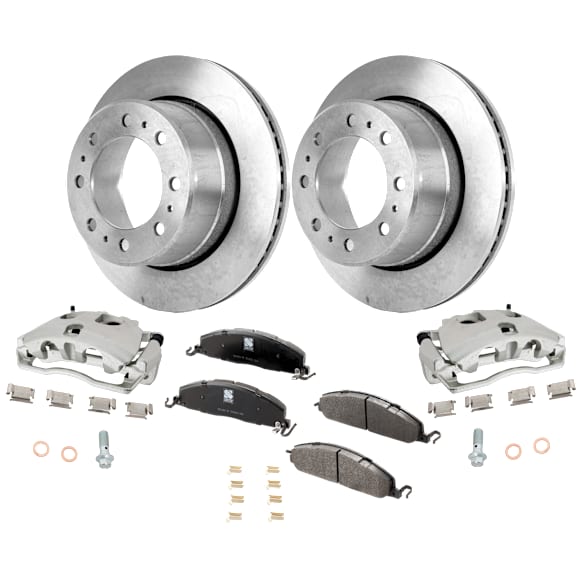 2-Wheel Set Rear Brake Kit With Calipers, Plain Surface 8 Lugs 357.89 mm Semi-metallic, Includes (2) Caliper, (2) Disc, and (1) Pad Set